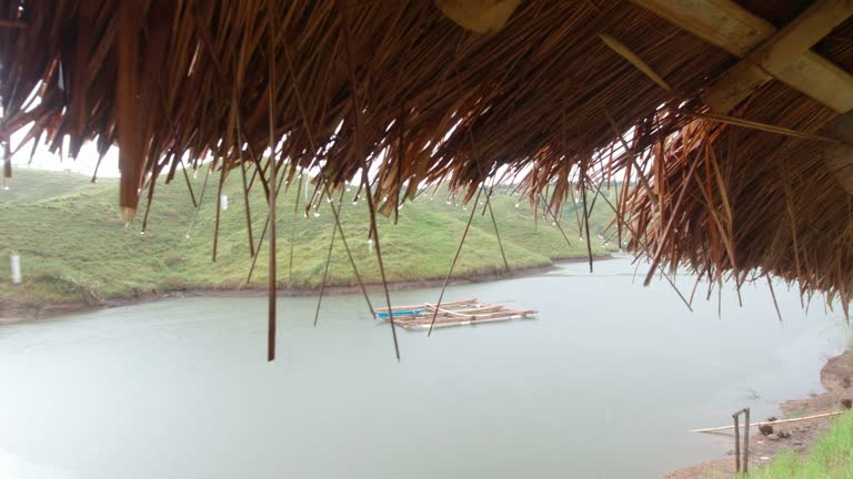 Rain drops drip from cogon roof, Loboc river near Chocolate hills, Philippines