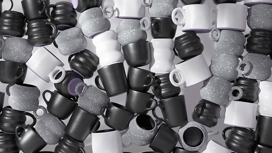 Monochrome 3D coffee cups with speckled design abstractly stacked