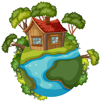Quaint wooden house on a small green planet
