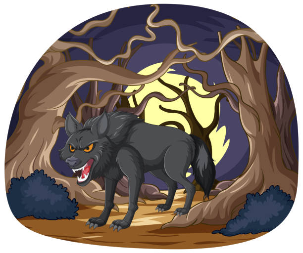 istock Illustration of a menacing wolf in a dark forest. 2151042142