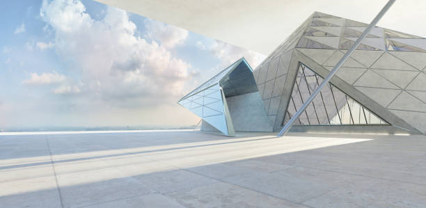 istock Morden architecture with geometric designs under a clear blue sky 2151044447