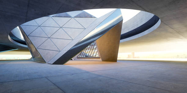Abstract view of a modern structure with dynamic angles and a sleek design. 3D rendering