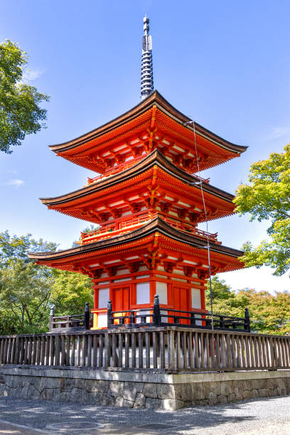 Kyoto, Japan - October 10th, 2023: Beautiful famous three story Koyasu Pagoda surrounded by lush green trees.