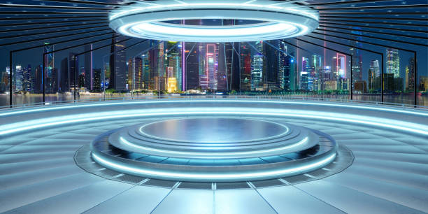 istock Futuristic city skyline with neon stage platform 2151044553