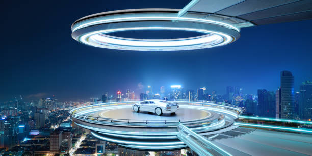 istock 3D Modern white EV car on a sleek illuminated skyway stage 2151044566