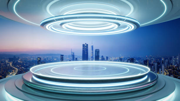 istock 3D Futuristic cityscape with glowing rings at twilight 2151044603