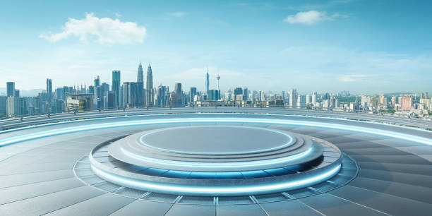 3d Futuristic city platform overlooking urban skyline