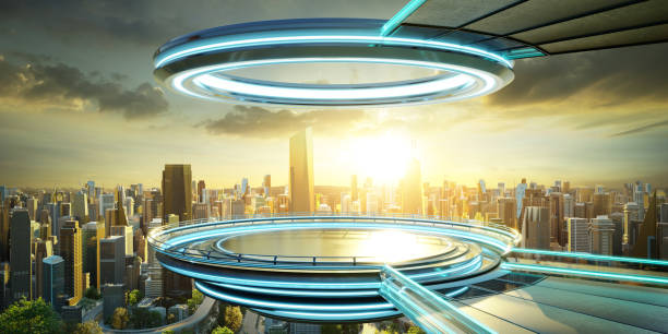 istock 3D Futuristic city platform with skyline view 2151044670