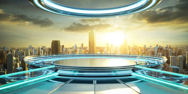 istock 3D Futuristic city platform with skyline view 2151044701