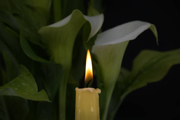 istock Burning wax candle in close up and white calla lily 2151047573