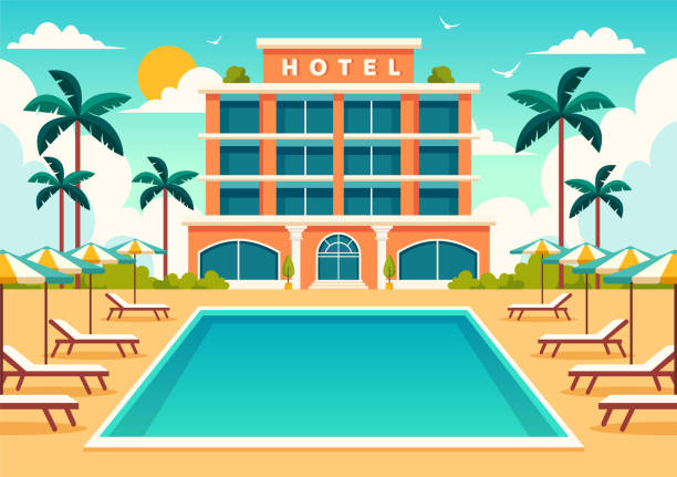 ilustraciones, imágenes clip art, dibujos animados e iconos de stock de ilustración vectorial del hotel del interior y del exterior con el edificio en la hierba verde, la playa y la calle del paseo marítimo y las palmeras en el fondo plano de la historieta - lugar turístico