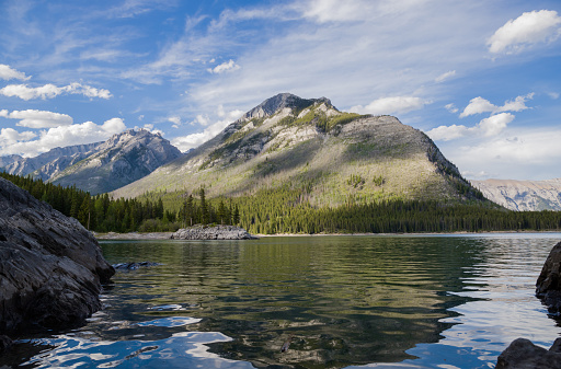 Fantastic evening panorama of  lake  in mountains. Clear water reflection with stony coast and blue sky background. Eco tourism, Alberta, Canada
