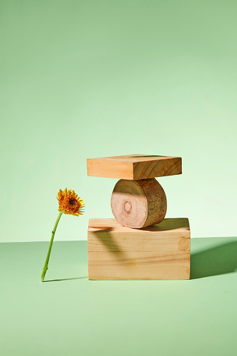 Stack of wooden block decorated on a green background with calendula flower. Minimal scene for advertising cosmetic product of natural ingredient. Front view