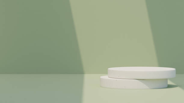 istock Minimal circle podium scene with a green landscape backdrop template rendered in 3D 2151051833