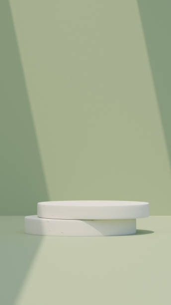 istock Minimal circle podium scene with a green portrait backdrop template rendered in 3D 2151051837
