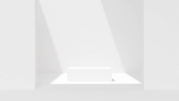 istock 3D rendered mockup of a minimal white podium scene with a white landscape backdrop template 2151052032