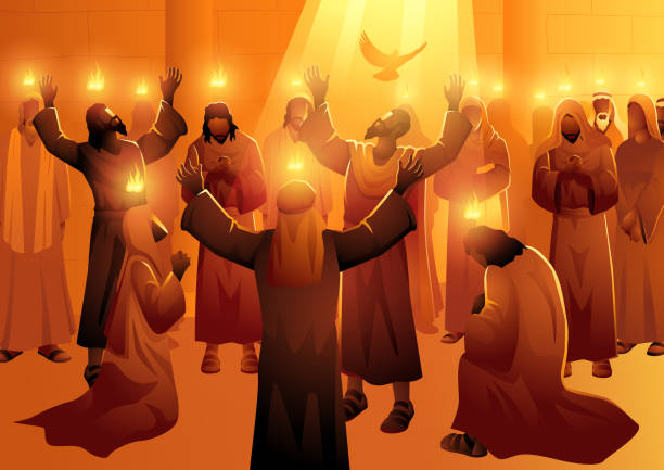 Biblical Silhouette Pentecost Spirit of God Peter was filled with the Holy Spirit in Acts 2:4, when he was among the disciples who were all filled with the Holy Spirit and began to speak with other tongues, as the Spirit gave them utterance Worshipper stock illustrations