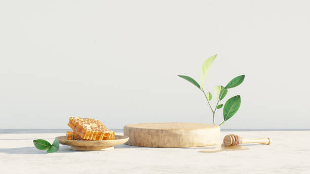 istock Mockup 3D background white podium with honeycomb for product presentation 2151053468