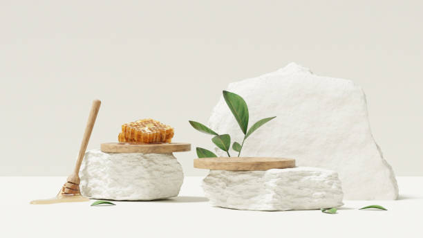 istock Mockup 3D background white podium with honeycomb for product presentation 2151053539