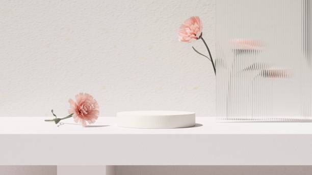 istock 3D rendering image illustration of empty space podium display for product mockup flower background 2151053567