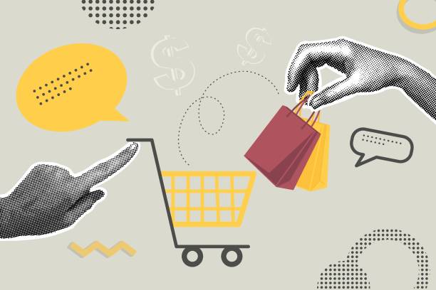 Trendy halftone collage of business concept in retro style. Shopping cart and hands with shopping.Vector illustration of sales, increase sales,financial profit, global strategy. Creative concept for web banner,social media banner,marketing material. Vector illustration