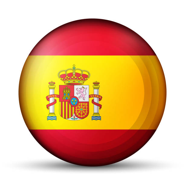 istock Glass light ball with flag of Spain. Round sphere, template icon. Spanish national symbol. Glossy realistic ball, 3D abstract vector illustration highlighted on a white background. Big bubble 2151056617