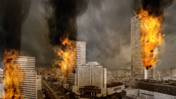 istock View of building on fire in the city. 2151056792