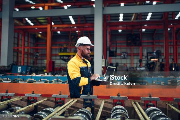 Man Checking Machine Man Engineer Using Laptop Are Checking System Machine At Factory Stock ...