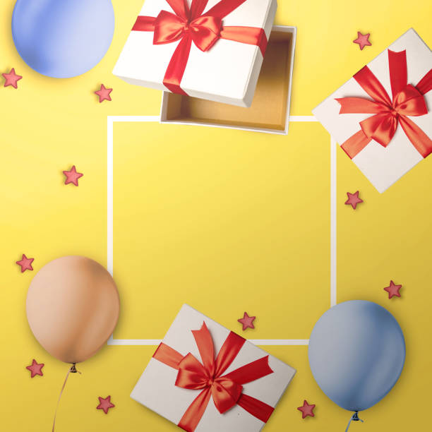 YellowGift Box Tied with Red Ribbon Is Carried Away By Yellow Colored Balloons