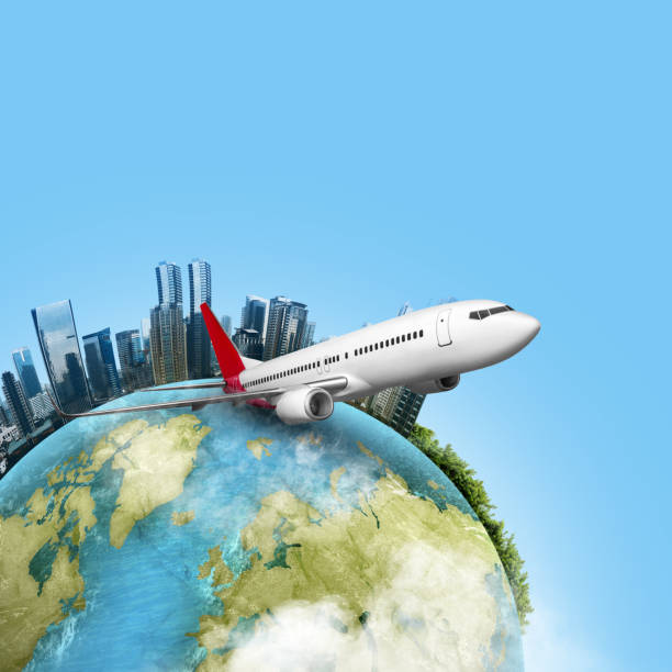 istock Globe and flying airplane on a colored background. Ready for traveling 2151057250