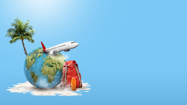 istock Globe, airplane, and backpack on a colored background. Ready for traveling 2151057267