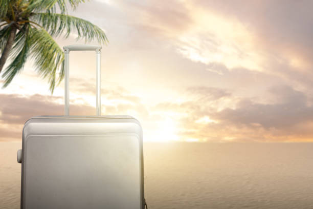 Image of soft grey suitcase with beautiful sunset view on background. Baggage bag and travel concept.