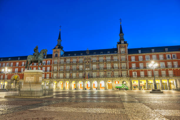 istock Madrid Spain, night city skyline at Plaza Mayor 2151057793