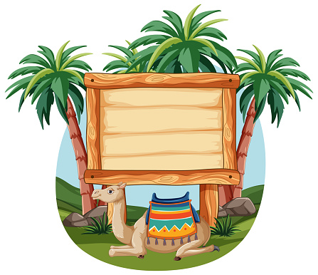 Wooden sign with drum and palm trees.
