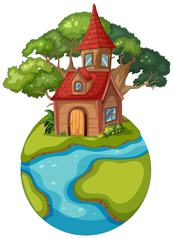 Illustration of a quaint house on a small globe.