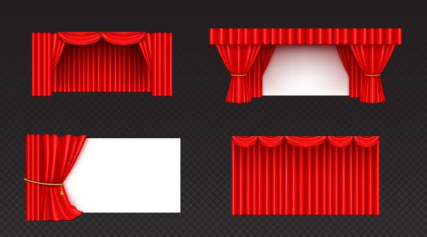 Red theater stage curtains set Red theater stage curtains set isolated on transparent background. Vector realistic illustration of open, closed velvet cloth drapery for show scene decoration, concert hall interior design elements stage curtain up stock illustrations