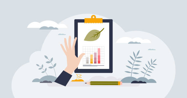 Sustainability reporting and green business ESG chart tiny person concept Sustainability reporting and green business ESG chart tiny person concept. Company nature impact and climate forecasting vector illustration. Environmental corporate statistics and data analysis. dedication stock illustrations
