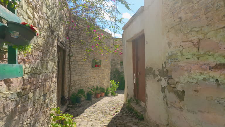 Stone alley in Lefkara with blossoming bougainvillea arching overhead and traditional Mediterranean architectural details.