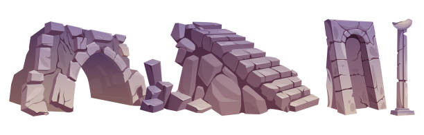 ilustraciones, imágenes clip art, dibujos animados e iconos de stock de conjunto de vectores de ruinas antiguas. antiguo edificio de la atlántida - en ruinas