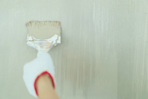 Happy Asian young woman using painting brush painting the empty white wall at inside her house, Home renovation and DIY concept. Cheerful woman enjoy paints the wall by using painting brush.