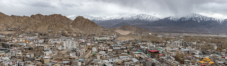 City of Leh in northern India with tall mountains in the backgroud