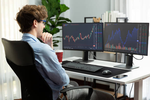 istock Young stock trader looking on dynamic exchange investment on pc. Gusher. 2151070307