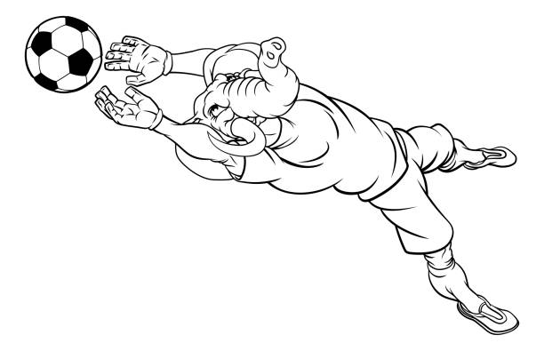Elephant Soccer Football Player Sports Mascot An elephant soccer football player goal keeper cartoon animal sports mascot diving to catch the ball republican elephant logo stock illustrations