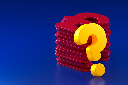 A Stack of Pound Signs and a Neon-Lit Question Mark on a Blue Background. 3d Rendering