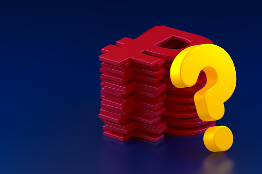 A Stack of Russian Ruble Signs and a Neon-Lit Question Mark on a Blue Background. 3d Rendering