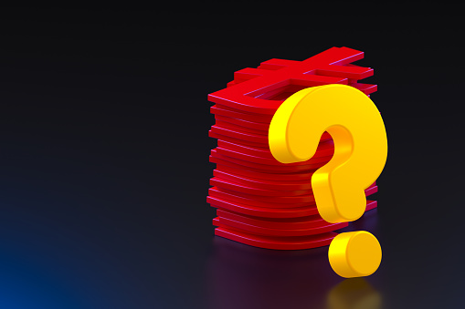 A Stack of Turkish Lira Signs and a Neon-Lit Question Mark on a Black Background. 3d Rendering