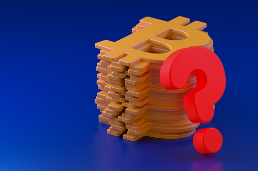 A Stack of Bitcoin Signs and a Neon-Lit Question Mark on a Blue Background. 3d Rendering