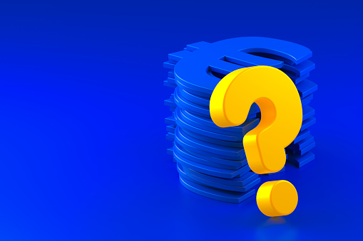A Stack of Euro Signs and a Neon-Lit Question Mark on a Blue Background. 3d Rendering