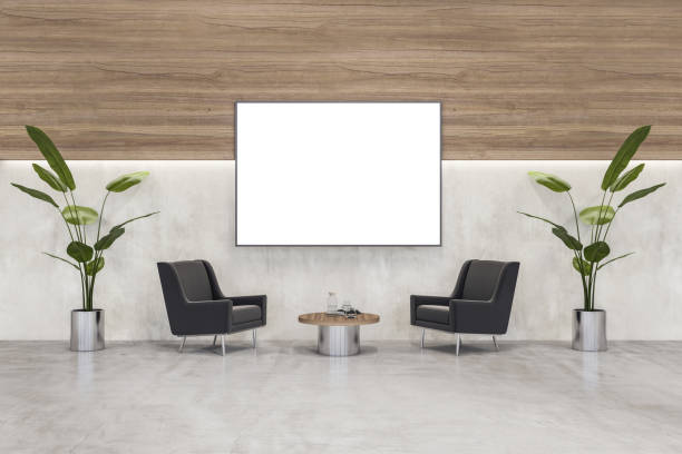 istock Modern office lobby with empty white poster frame on the wall, stylish chairs, plants, and table, concept of advertising space. 3D Rendering 2151075167