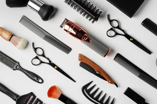 istock Pattern of various shaving and bauty care accessories for men on gray background 2151076771